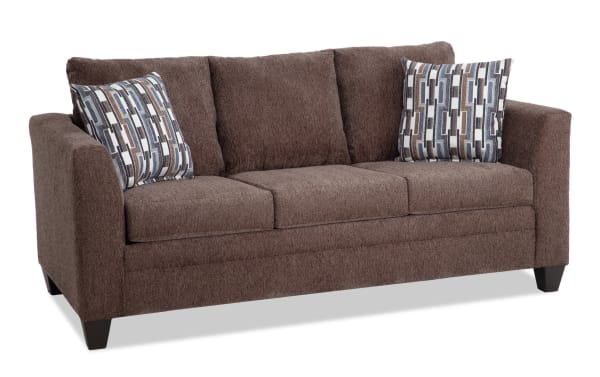 Stevie Brown 78'' sofa in brown polyester fabric with transitional style, flair arms, oversized seating, and patterned accent pillows.