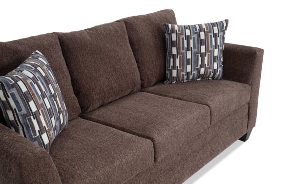 Stevie Brown 78'' Sofa in brown polyester fabric with transitional style, flair arms, oversized seating, and patterned accent pillows.