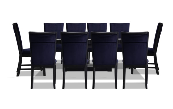Contemporary Cosmopolitan 11 Piece Dining Set with navy velvet upholstered chairs, extendable MDF and rubberwood table, blue fabric seating.
