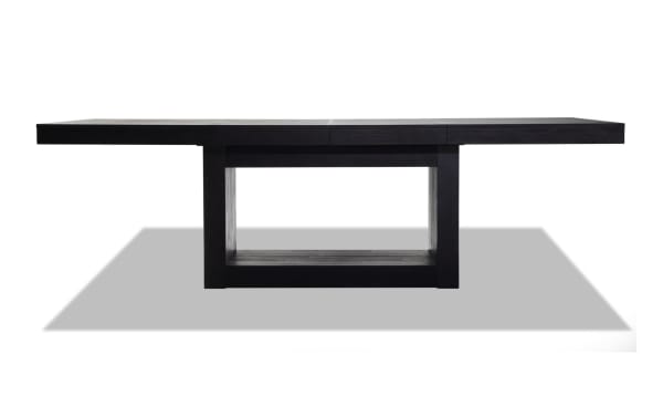 Contemporary Cosmopolitan extendable dining table in black MDF and rubberwood with acacia veneer, part of the blue velvet upholstered 11-piece set.