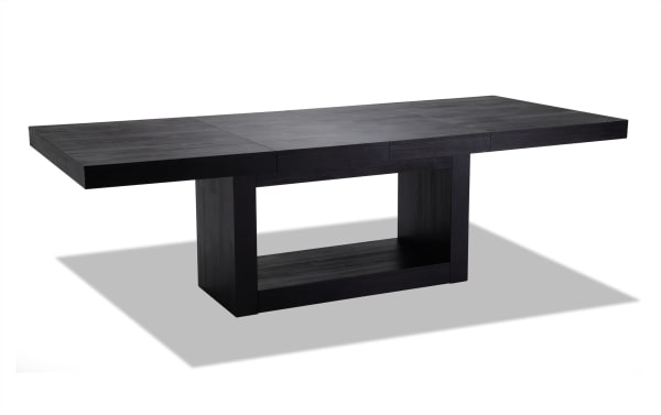 Contemporary Cosmopolitan extendable dining table in black MDF and rubberwood with acacia veneer, part of the 11 Piece Black & Navy Upholstered Dining Set.