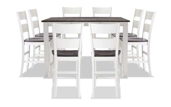 Blake 9 Piece White & Gray Extendable Counter Height Dining Set with eight stools, cottage style, MDF, birch, mango, and rubberwood veneers, solid construction.