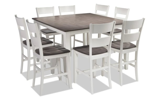 Blake 9 Piece White & Gray Extendable Counter Height Dining Set with 8 stools, cottage style, MDF, birch, mango, and rubberwood veneers.