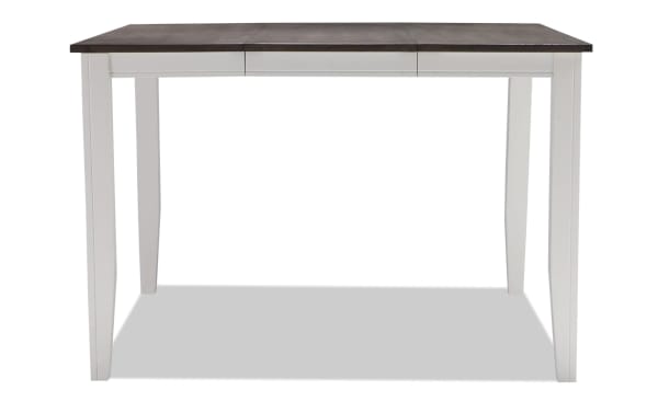 Blake 9 Piece Cottage Style Extendable Counter Height Dining Set with white tapered legs and gray wood top, made of MDF, birch, mango, and rubberwood veneers.