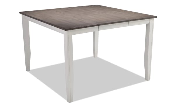 Blake extendable counter height dining table with gray wood top and white tapered legs, cottage style, MDF and hardwood solids.