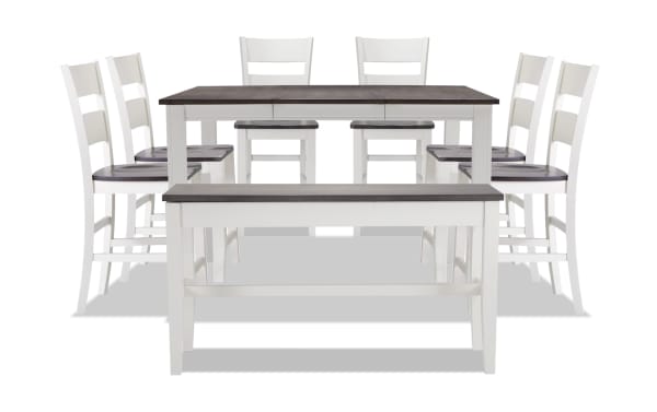 Blake 8 Piece White & Gray Extendable Cottage Style Counter Height Dining Set with 6 chairs, storage bench, MDF, birch, mango, rubberwood veneers.