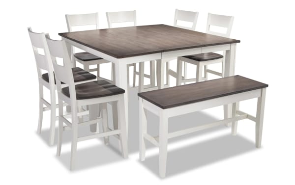 Blake 8 Piece White & Gray Extendable Cottage Counter Height Dining Set with six stools, storage bench, MDF and hardwood solids, 36''-54'' table length.