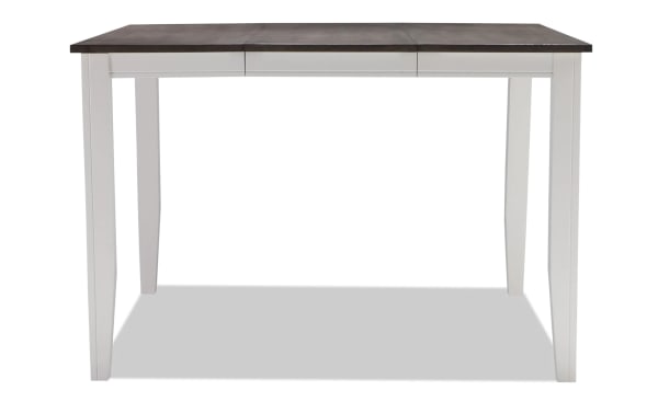 Blake Cottage style extendable counter height dining table with white hardwood legs, gray MDF and birch veneer top, part of Blake 8 Piece set.