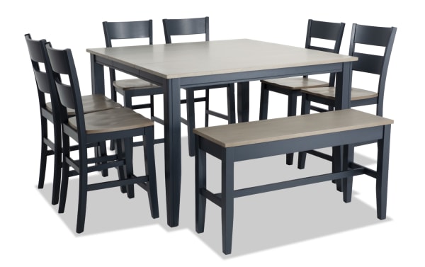 Blake 8 Piece Graphite & Gray Extendable Counter Height Dining Set with storage bench, six stools, MDF and hardwood solids, cottage style.