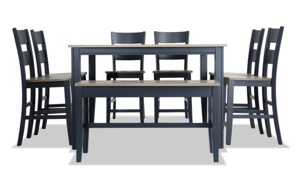 Blake 8 Piece Graphite & Gray Extendable Counter Height Dining Set with storage bench, six stools, MDF, birch, mango veneers, cottage style.