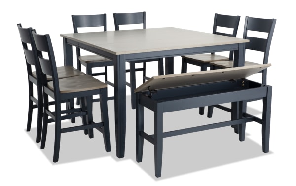 Blake 8 Piece Graphite & Gray Extendable Counter Height Dining Set with Storage Bench, cottage style, MDF, birch, mango veneers, rubberwood, includes 6 stools, storage bench with lift-top, and extendable 36"-54" table.