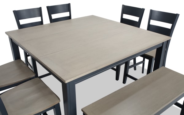 Blake 8 Piece Graphite & Gray Extendable Counter Height Dining Set with six stools and storage bench, cottage style in MDF, birch, mango, and rubberwood veneers.