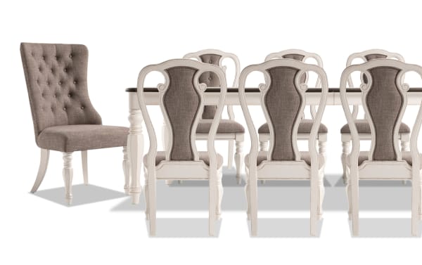 Scarlett 11 Piece White & Beige Upholstered Extendable Dining Set with cottage-style MDF and oak veneer table, beige polyester tufted chairs, and Bob-O-Pedic memory foam seating.