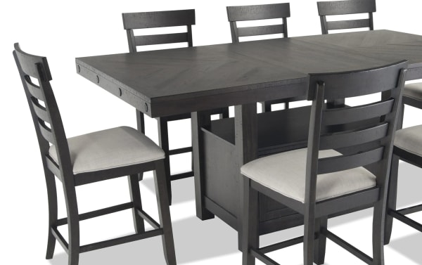 Sonoma 9 Piece Espresso & Beige Upholstered Extendable Counter Height Dining Set with solid acacia wood, fabric polyester seats, ladder back stools, and under-table storage.