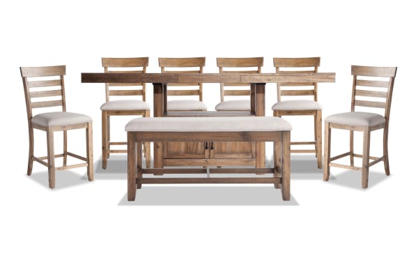 Sonoma 8 Piece Natural & Beige Upholstered Extendable Counter Height Dining Set with Storage Bench, solid acacia wood, beige polyester fabric, transitional style, includes 6 ladder back stools, extendable 60'' to 80'' table, and storage bench with memory foam cushioning.
