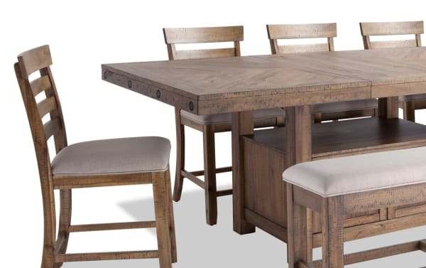 Sonoma 8-piece natural beige upholstered extendable counter height dining set with solid acacia wood, storage bench, and fabric seats.