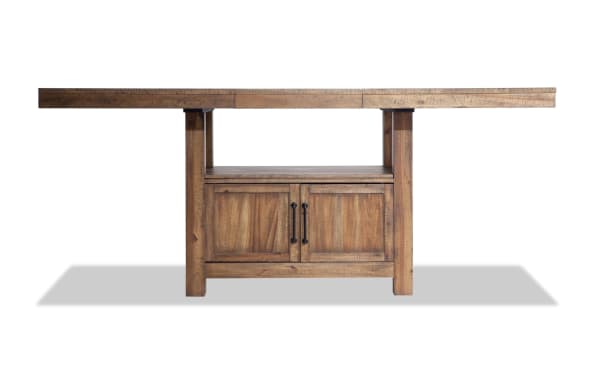 Rustic solid acacia wood extendable counter height dining table in natural beige with storage cabinet, part of Sonoma Dining collection.