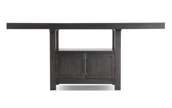 Sonoma 9 Piece Espresso & Beige Upholstered Extendable Counter Height Dining Set with solid acacia wood, fabric polyester stools, rustic transitional style, storage cabinet, and nailhead trim.