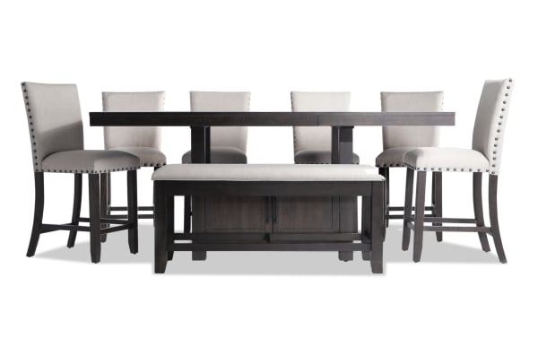 Sonoma 8 Piece Espresso & Beige Upholstered Counter Height Dining Set with storage bench, rustic solid acacia wood, beige polyester fabric, nailhead trim, extendable table from 60" to 80".