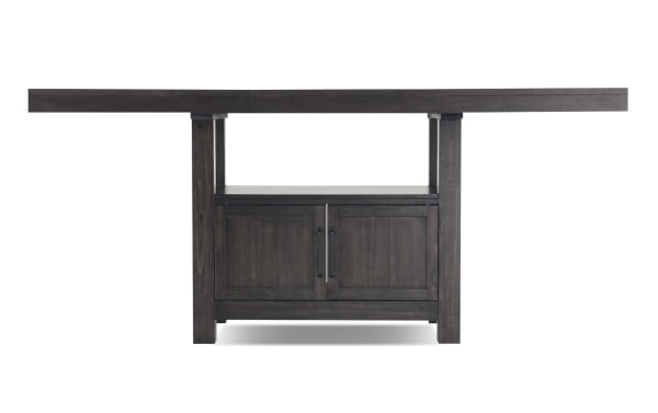 Rustic Sonoma dining table in dark solid acacia with storage cabinet base, extending from 60" to 80" for versatile counter height dining.