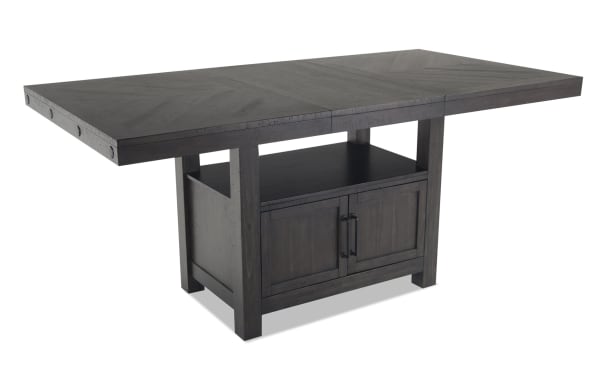 Rustic Sonoma 8 Piece Espresso & Beige Counter Height Dining Table with storage base, solid Acacia wood, extending top, and fabric-upholstered bench.