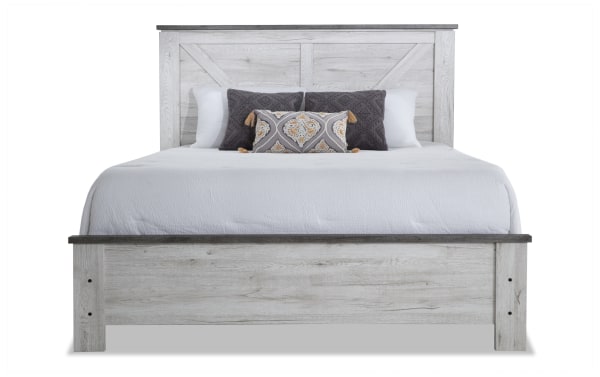 Savannah Queen White & Gray Panel Bed from the Savannah collection, featuring engineered wood grain, two-tone gray and white finish, rustic industrial hardware, and cottage-style slatted headboard for a farmhouse look.