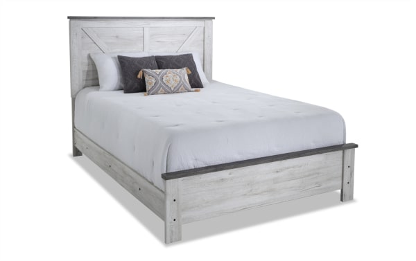 Savannah Queen White & Gray Panel Bed from Savannah collection, engineered wood grain, cottage style with two-tone weathered finish and rustic industrial hardware.