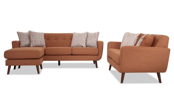 Mid-century modern Bettie Russet 86'' Chofa and 65'' Loveseat set in russet polyester fabric with tufted backs, track arms, wooden legs, and accent pillows.