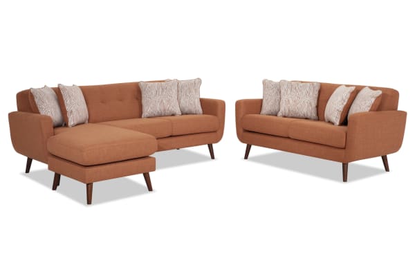 Bettie Russet 86'' Chofa and 65'' Loveseat set in mid-century modern style with russet polyester fabric, tufted seat backs, track arms, wooden legs, and accent pillows.