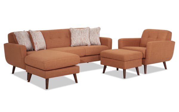 Bettie Russet 86'' Chofa, Chair & Storage Ottoman set in mid-century modern style with russet polyester fabric, tufted backs, track arms, wooden legs, and storage ottoman.