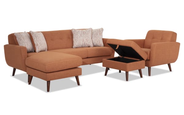 Bettie Russet 86'' Chofa, Chair, and Storage Ottoman set in orange polyester fabric with mid-century modern tufted backs, wooden legs, and storage ottoman.