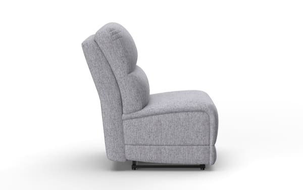 Renegade Gray Armless Chair in gray polyester fabric, transitional style with cushioned backrest and seat, designed for comfort and relaxation.
