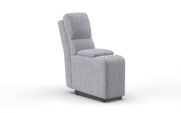 Renegade Gray Console in gray polyester fabric, transitional style seating with padded backrest, armrest storage, and built-in USB ports.