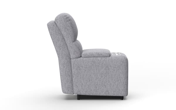 Renegade Gray Console transitional fabric polyester recliner in gray with plush cushioning, built-in cup holders, and USB ports for comfort and convenience.