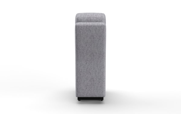 Side view of the Renegade Gray Console in transitional style, featuring gray polyester fabric upholstery and built-in USB ports.