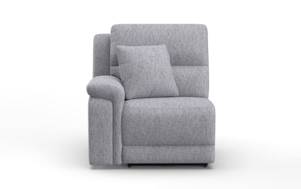 Renegade Gray Left Arm Facing Power Recliner in gray polyester fabric with transitional style, power recline, USB port, and accent pillow.