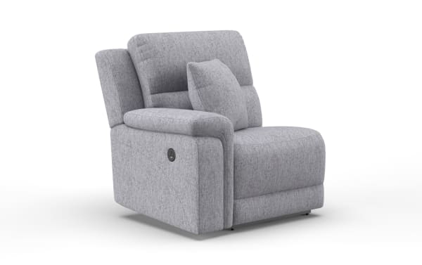 Renegade Gray Left Arm Facing Power Recliner in gray polyester fabric with transitional style, USB port, accent pillow, and power recline technology.