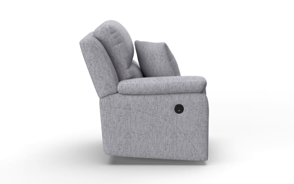 Renegade Gray Left Arm Facing Power Recliner in gray polyester fabric with built-in USB port, accent pillows, and transitional style upholstery.