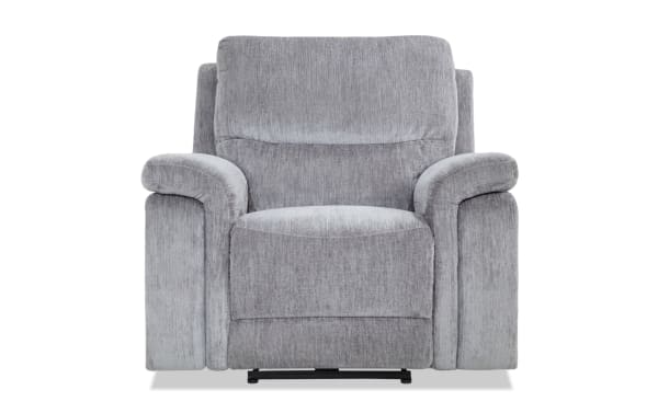 Renegade Gray Power Recliner in gray polyester fabric, transitional style with padded pillow top arms, memory foam seat, and built-in USB port for charging.