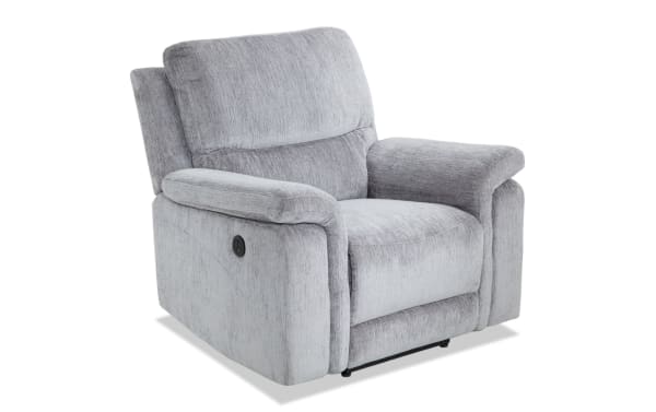 Renegade Gray Power Recliner in transitional style with soft gray polyester fabric, memory foam seat, padded arms, and built-in USB port.