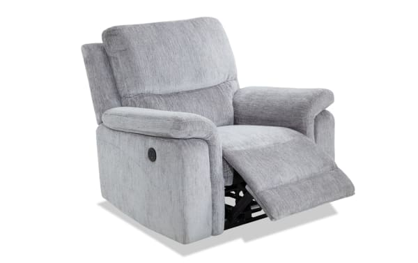 Renegade Gray Power Recliner with USB Port in gray polyester fabric, transitional style, padded pillow top arms, and memory foam seat for ultimate comfort.