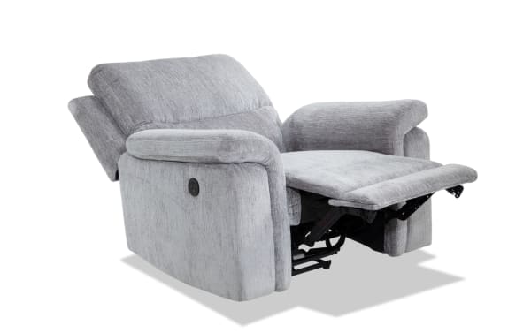 Renegade Gray Power Recliner with USB port, transitional style in gray polyester fabric, featuring memory foam seat and padded pillow top arms for comfort.