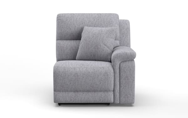Renegade Gray right arm facing power recliner in gray polyester fabric with transitional style, built-in USB port, and accent pillow.
