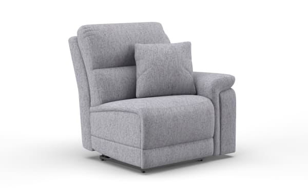 Renegade Gray Right Arm Facing Power Recliner in gray polyester fabric with transitional style, USB port, accent pillow, and power recline feature.
