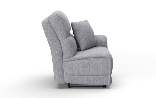 Renegade Gray right arm facing power recliner with USB port, gray polyester fabric upholstery, transitional style, plush cushioning, and accent pillow.