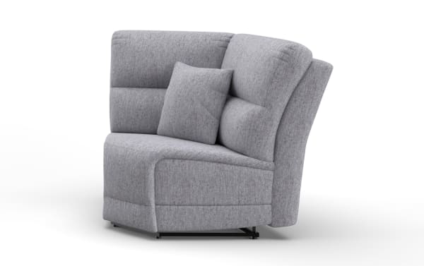 Renegade Gray Wedge corner chair in gray polyester fabric, transitional style with plush cushioning and included accent pillow for comfort.