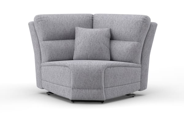 Renegade Gray Wedge corner chair in transitional style, gray polyester fabric upholstery with plush back cushions and matching accent pillow.