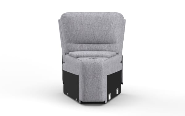 Gray fabric corner recliner chair with cushioned backrest and seat, featuring black base panels and metal latches for modular assembly.