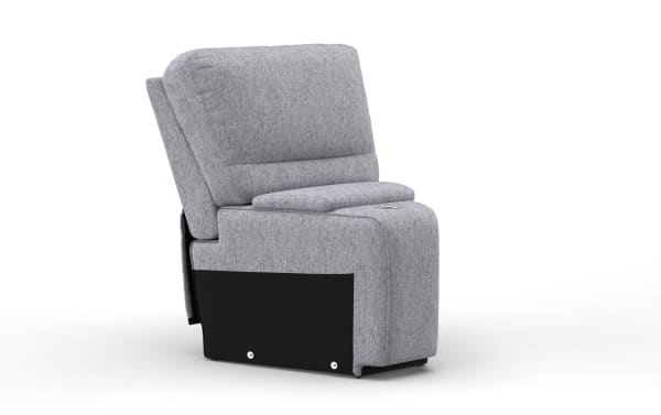 Gray fabric upholstered recliner chair with cushioned backrest and armrest, featuring a black base panel and modern design.