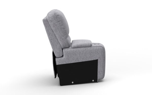 Gray fabric recliner chair with padded armrest and cushioned backrest, featuring a black side panel and cup holder.
